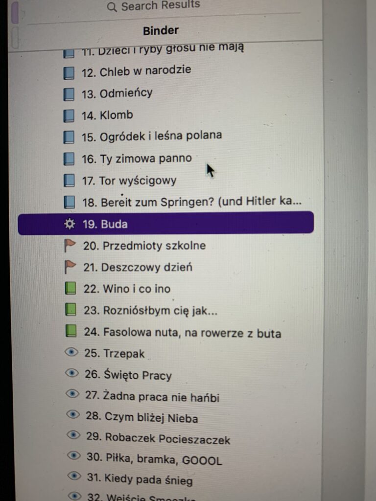 Spis treści - lista z programu Scrivener